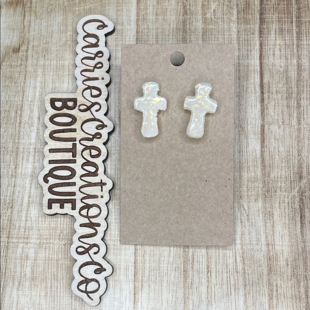 Iridescent Opal Cross Stud Earrings